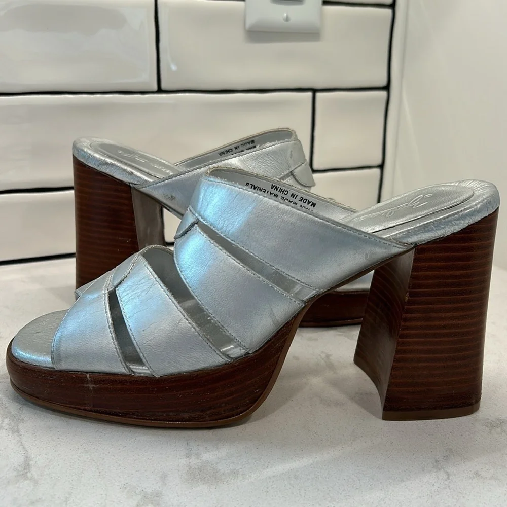 Zodiac Hype Leather Wood Platform Silver Metallic Retro Stacked Heels Size 9